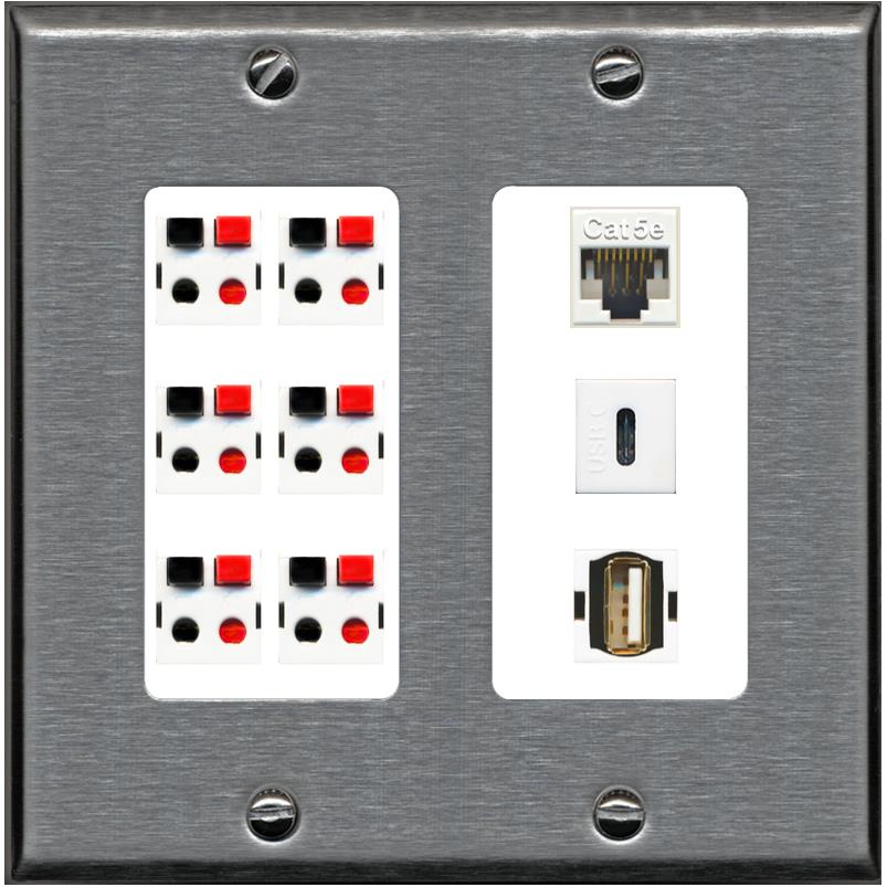 RiteAV 6 Speaker Cat5e USB USBC Wall Plate - 2 Gang [Stainless/White]