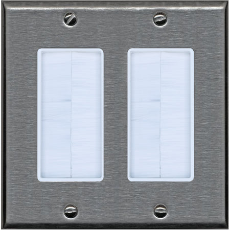 RiteAV 2 Gang Brush Plate Pass Through Decorative Stainless Steel Wall Plate