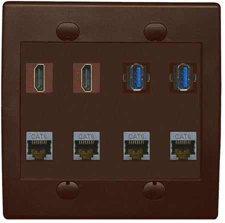 RiteAV 2 Port HDMI 2 USB 3.0 4 Cat6-Shielded Ethernet Jack Wall Plate - Flat 2 Gang [Brown/Brown]