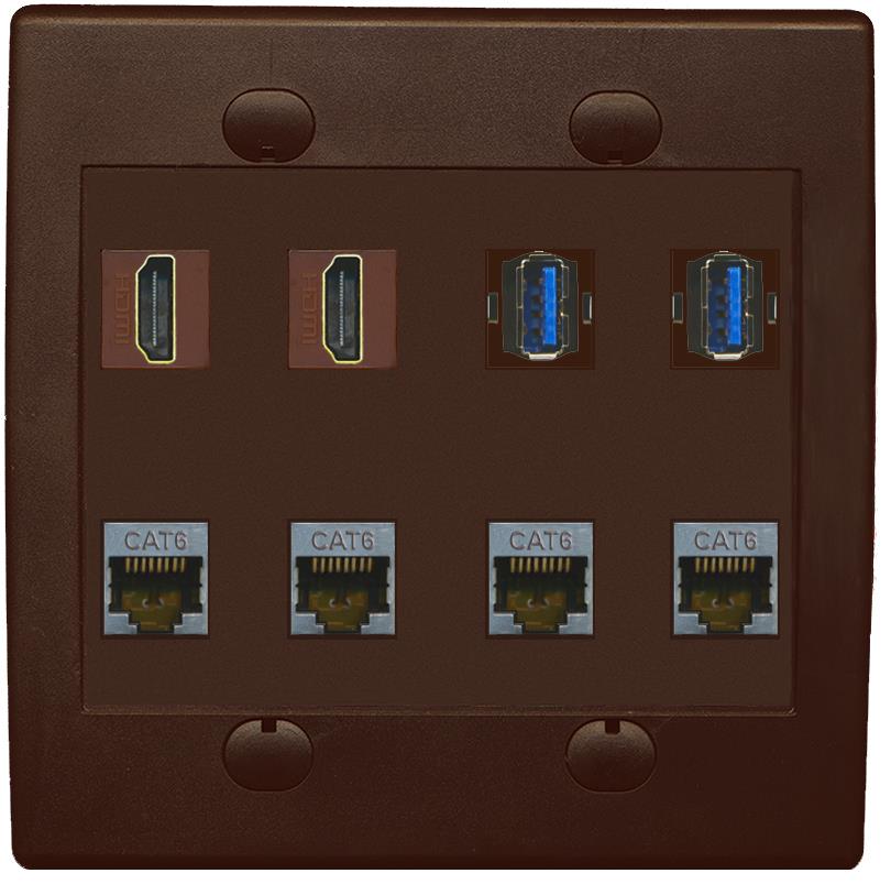 RiteAV 2 Port HDMI 2 USB 3.0 4 Cat6-Shielded Ethernet Jack Wall Plate - Flat 2 Gang [Brown/Brown]