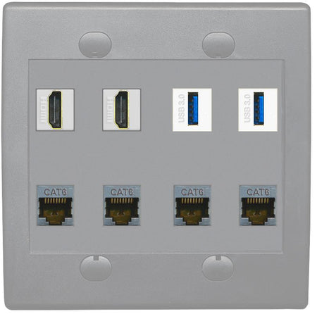 RiteAV 2 Port HDMI 2 USB 3.0 4 Cat6-Shielded Ethernet Jack Wall Plate - Flat 2 Gang [Gray/Gray]