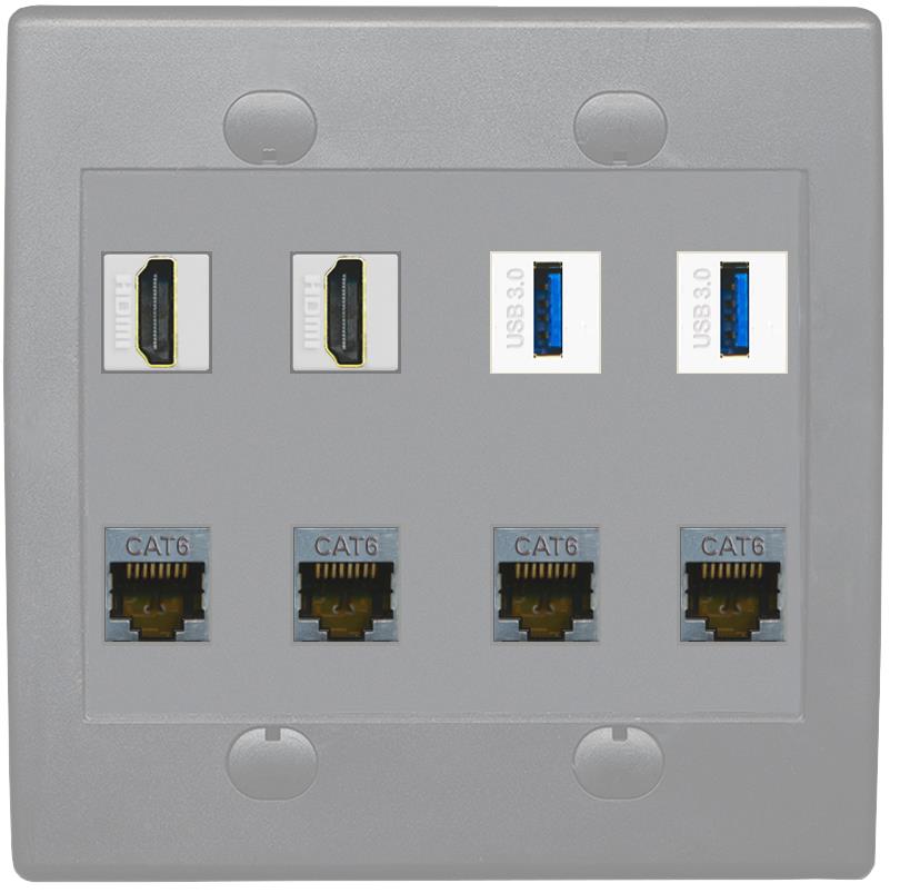 RiteAV 2 Port HDMI 2 USB 3.0 4 Cat6-Shielded Ethernet Jack Wall Plate - Flat 2 Gang [Gray/Gray]
