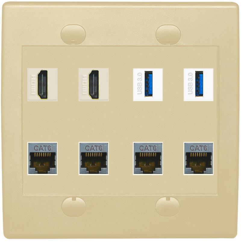 RiteAV 2 Port HDMI 2 USB 3.0 4 Cat6-Shielded Ethernet Jack Wall Plate - Flat 2 Gang [Ivory/Ivory]