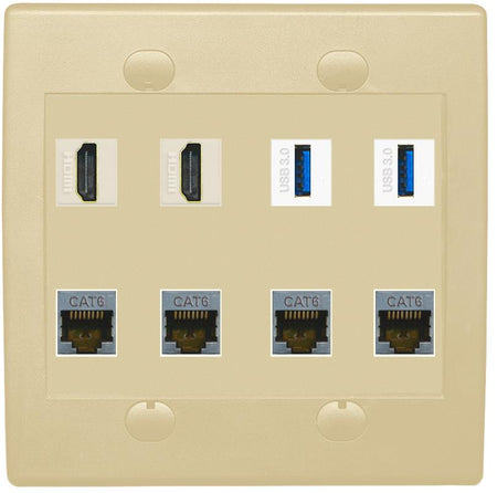 RiteAV 2 Port HDMI 2 USB 3.0 4 Cat6-Shielded Ethernet Jack Wall Plate - Flat 2 Gang [Ivory/Ivory]