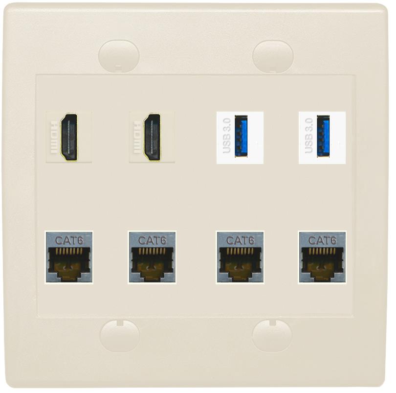 RiteAV 2 Port HDMI 2 USB 3.0 4 Cat6-Shielded Ethernet Jack Wall Plate - Flat 2 Gang [Light Almond]