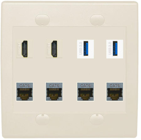RiteAV 2 Port HDMI 2 USB 3.0 4 Cat6-Shielded Ethernet Jack Wall Plate - Flat 2 Gang [Light Almond]