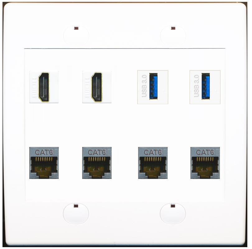 RiteAV 2 Port HDMI 2 USB 3.0 4 Cat6-Shielded Ethernet Jack Wall Plate - Flat 2 Gang [White]