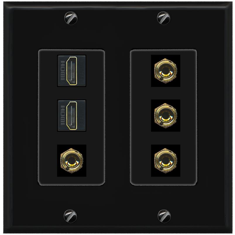RiteAV 2 Speaker 4 Banana Binding Post Wall Plate with 2 HDMI Jacks - 2 Gang [Black/Black]