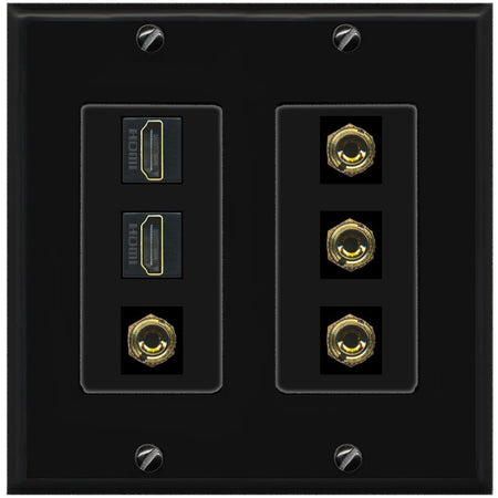 RiteAV 2 Speaker 4 Banana Binding Post Wall Plate with 2 HDMI Jacks - 2 Gang [Black/Black]
