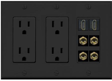 RiteAV 2 Speaker 4 Banana Binding Post Wall Plate with 2 HDMI Jacks - 2 Outlet [Black/Black]