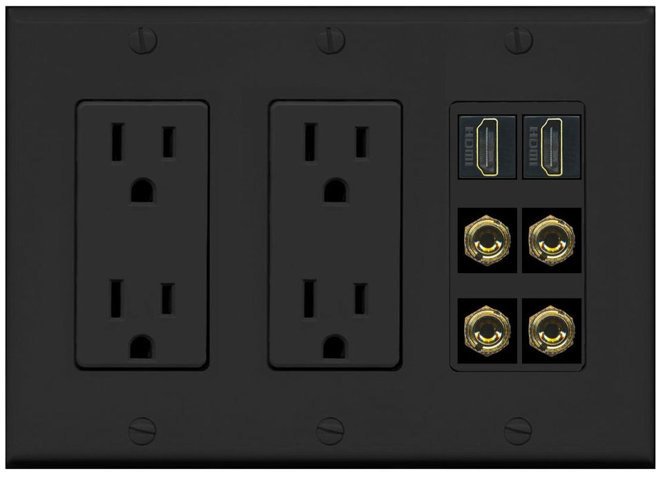 RiteAV 2 Speaker 4 Banana Binding Post Wall Plate with 2 HDMI Jacks - 2 Outlet [Black/Black]