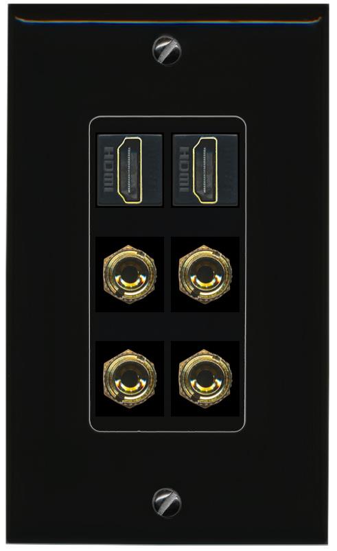 RiteAV 2 Speaker 4 Banana Binding Post Wall Plate with 2 HDMI Jacks - 1 Gang [Black/Black]