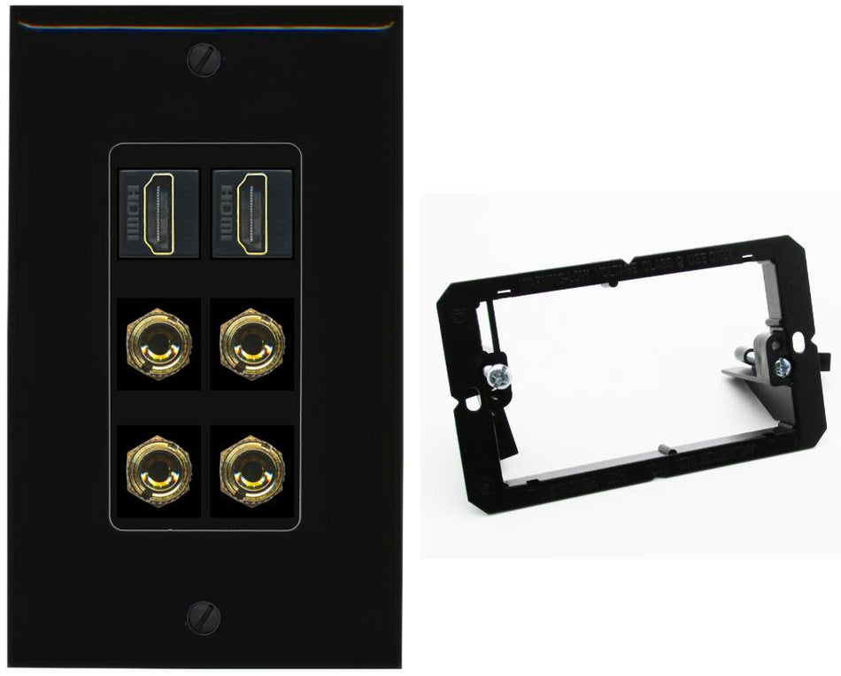 RiteAV 2 Speaker 4 Banana Binding Post Wall Plate with 2 HDMI Jacks - Bracket [Black/Black]
