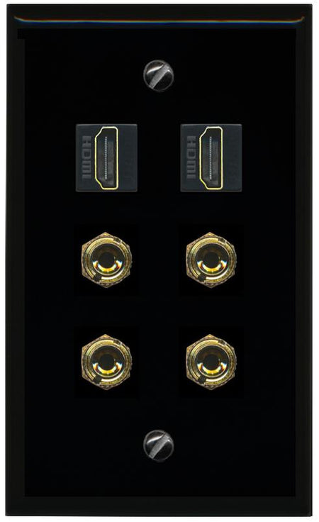 RiteAV 2 Speaker 4 Banana Binding Post Wall Plate with 2 HDMI Jacks - Flat [Black/Black]