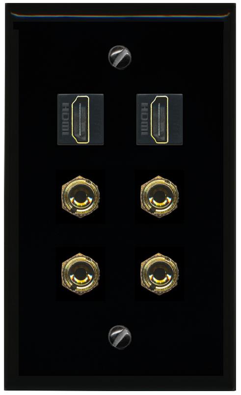RiteAV 2 Speaker 4 Banana Binding Post Wall Plate with 2 HDMI Jacks - Flat [Black/Black]