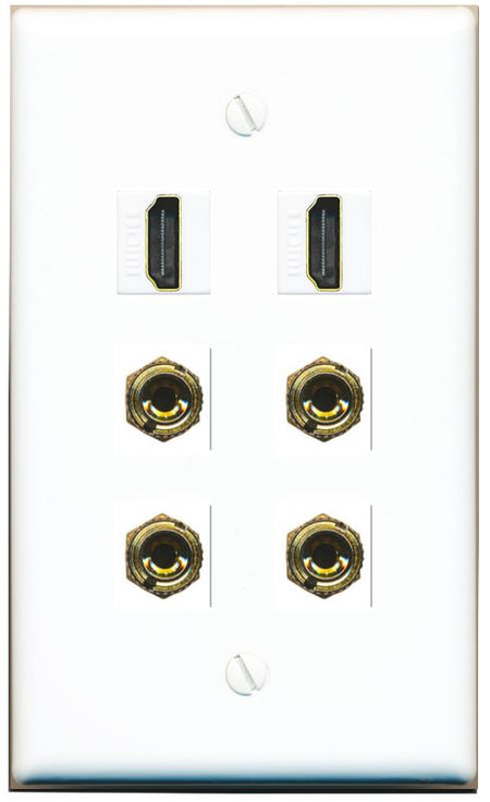 RiteAV 2 Speaker 4 Banana Binding Post Wall Plate with 2 HDMI Jacks - Flat [White]