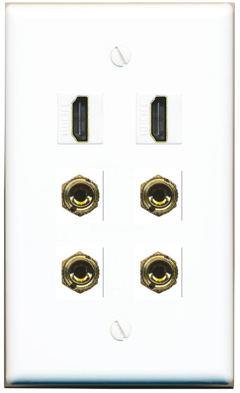 RiteAV 2 Speaker 4 Banana Binding Post Wall Plate with 2 HDMI Jacks - Flat [White]