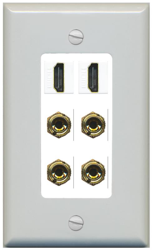 RiteAV 2 Speaker 4 Banana Binding Post Wall Plate with 2 HDMI Jacks - 1 Gang [Gray/White]