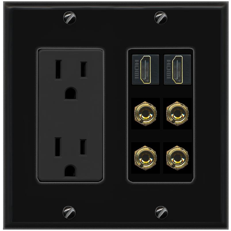 RiteAV 2 Speaker 4 Banana Binding Post Wall Plate with 2 HDMI Jacks - Outlet [Black/Black]