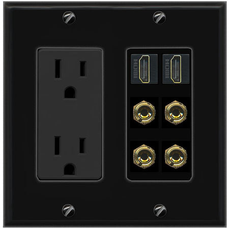 RiteAV 2 Speaker 4 Banana Binding Post Wall Plate with 2 HDMI Jacks - Outlet [Black/Black]