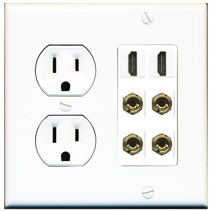 RiteAV 2 Speaker 4 Banana Binding Post Wall Plate with 2 HDMI Jacks - Round Outlet [White]