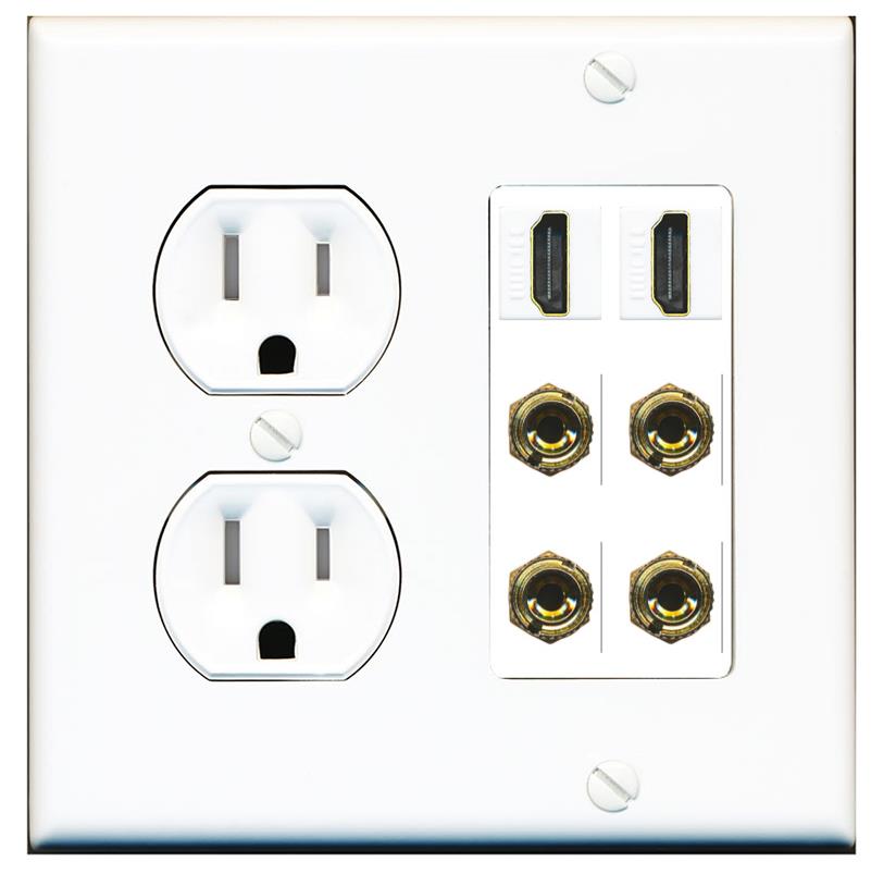 RiteAV 2 Speaker 4 Banana Binding Post Wall Plate with 2 HDMI Jacks - Tamper Proof [White]