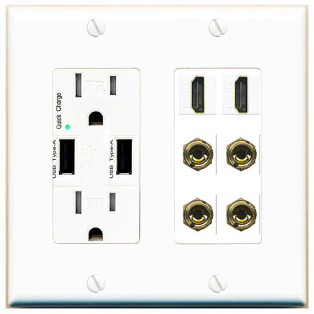 RiteAV 2 Speaker 4 Banana Binding Post Wall Plate with 2 HDMI Jacks - USB Charger [White]