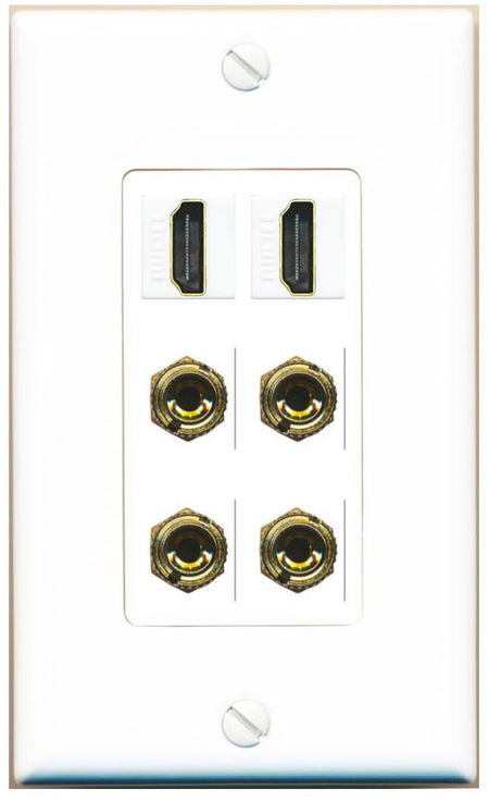 RiteAV 2 Speaker 4 Banana Binding Post Wall Plate with 2 HDMI Jacks - 1 Gang [White]