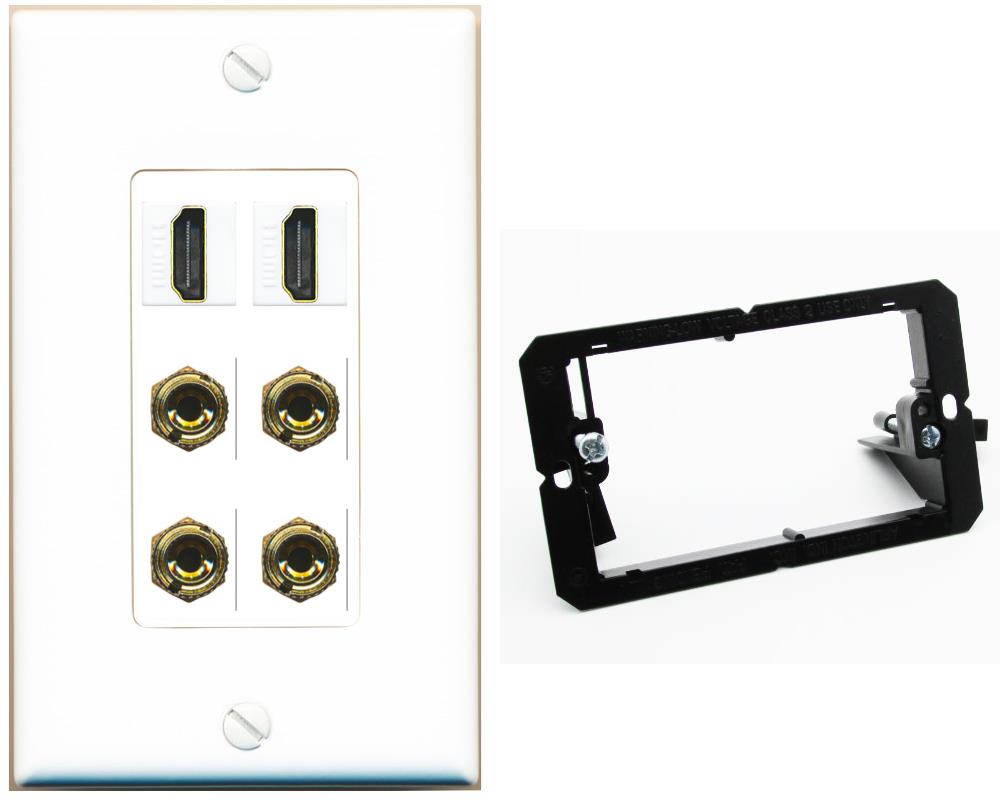 RiteAV 2 Speaker 4 Banana Binding Post Wall Plate with 2 HDMI Jacks - Bracket [White]
