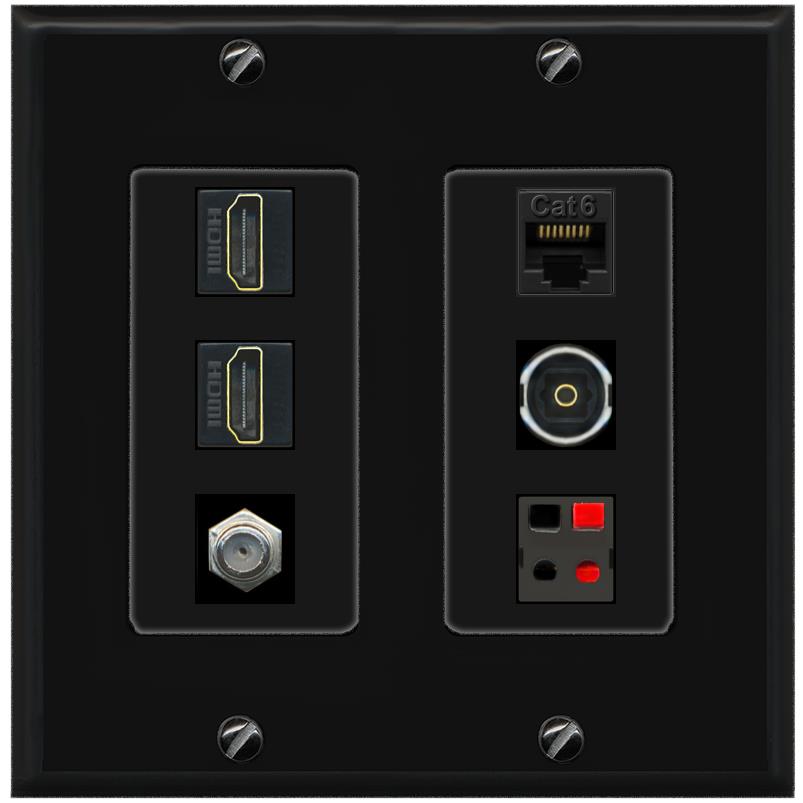 RiteAV 2 Port HDMI 1 Coax Cat6-Ethernet Toslink Speaker Wall Plate - 2 Gang [Black/Black]
