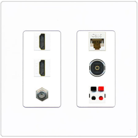 RiteAV 2 Port HDMI 1 Coax Cat6-Ethernet Toslink Speaker Wall Plate - 2 Gang [Screwless White]