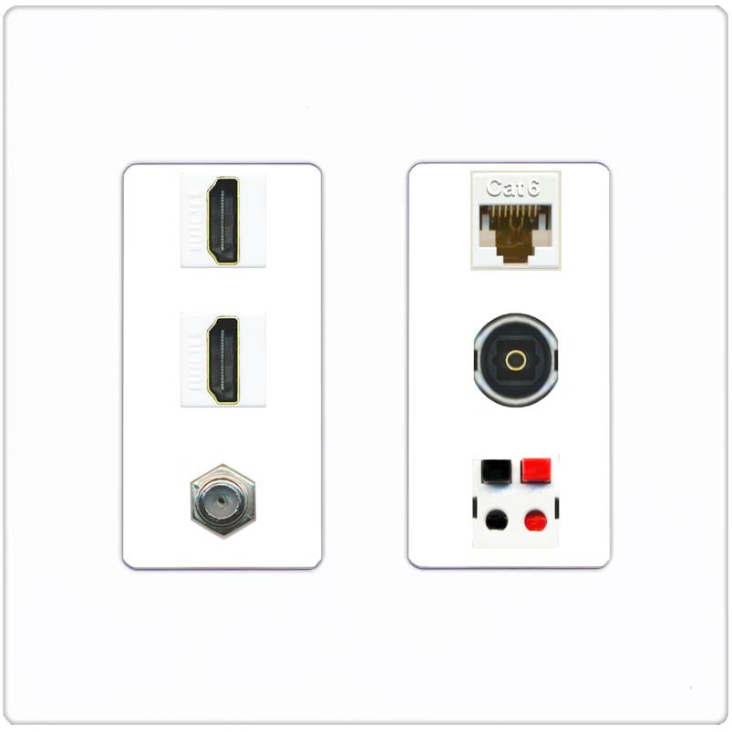 RiteAV 2 Port HDMI 1 Coax Cat6-Ethernet Toslink Speaker Wall Plate - 2 Gang [Screwless White]