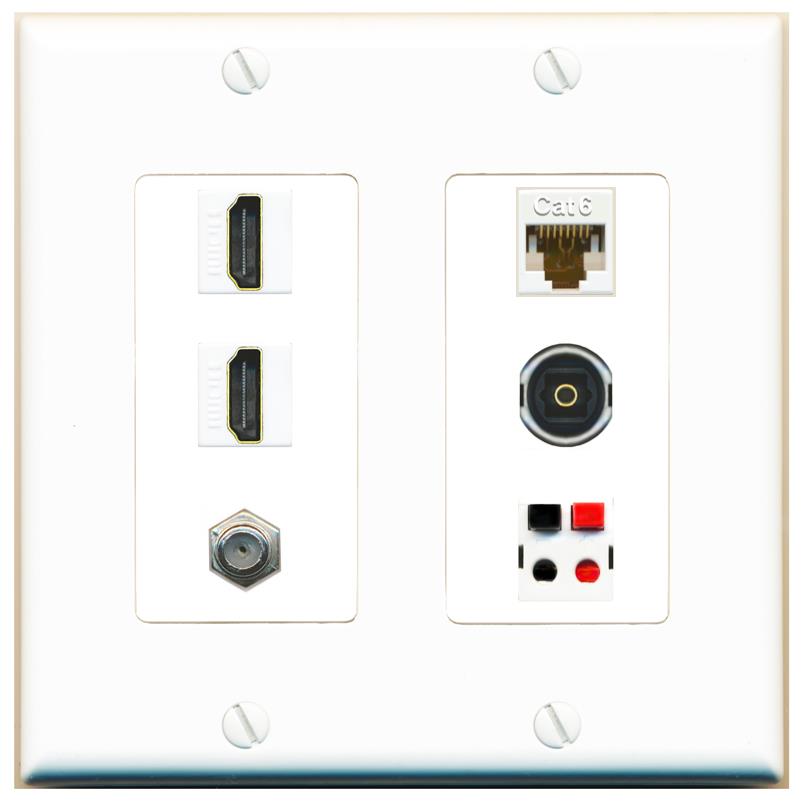 RiteAV 2 Port HDMI 1 Coax Cat6-Ethernet Toslink Speaker Wall Plate - 2 Gang [White]