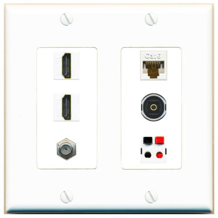 RiteAV 2 Port HDMI 1 Coax Cat6-Ethernet Toslink Speaker Wall Plate - 2 Gang [White]