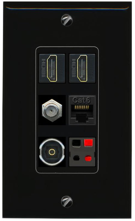 RiteAV 2 Port HDMI 1 Coax Cat6-Ethernet Toslink Speaker Wall Plate - 1 Gang [Black/Black]