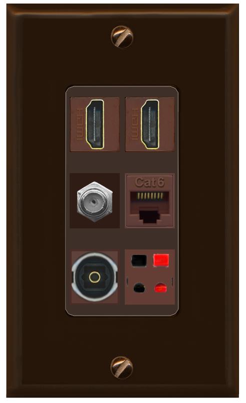 RiteAV 2 Port HDMI 1 Coax Cat6-Ethernet Toslink Speaker Wall Plate - 1 Gang [Brown/Brown]