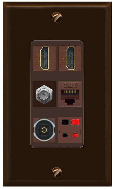 RiteAV 2 Port HDMI 1 Coax Cat6-Ethernet Toslink Speaker Wall Plate - 1 Gang [Brown/Brown]