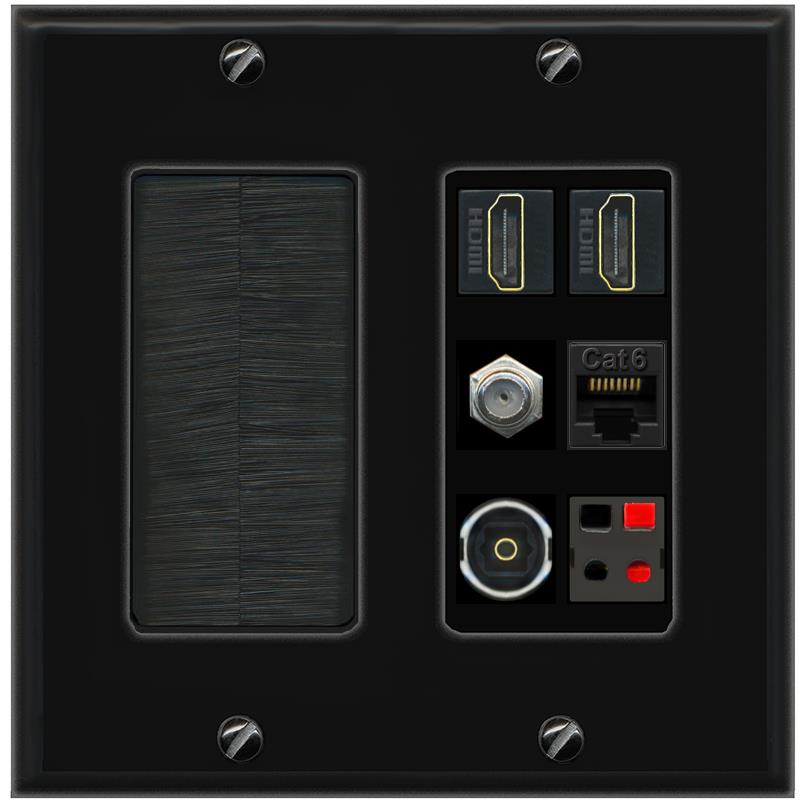 RiteAV 2 Port HDMI 1 Coax Cat6-Ethernet Toslink Speaker Wall Plate - Brush [Black/Black]