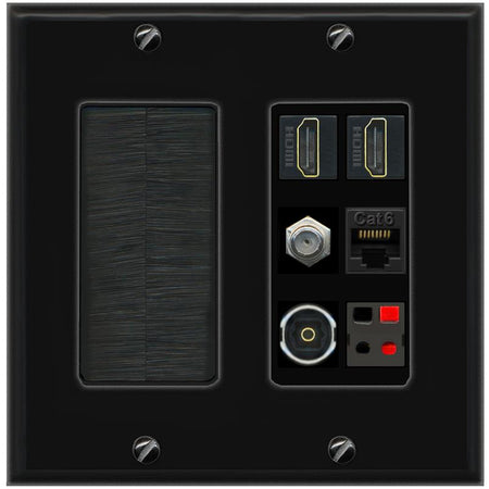 RiteAV 2 Port HDMI 1 Coax Cat6-Ethernet Toslink Speaker Wall Plate - Brush [Black/Black]