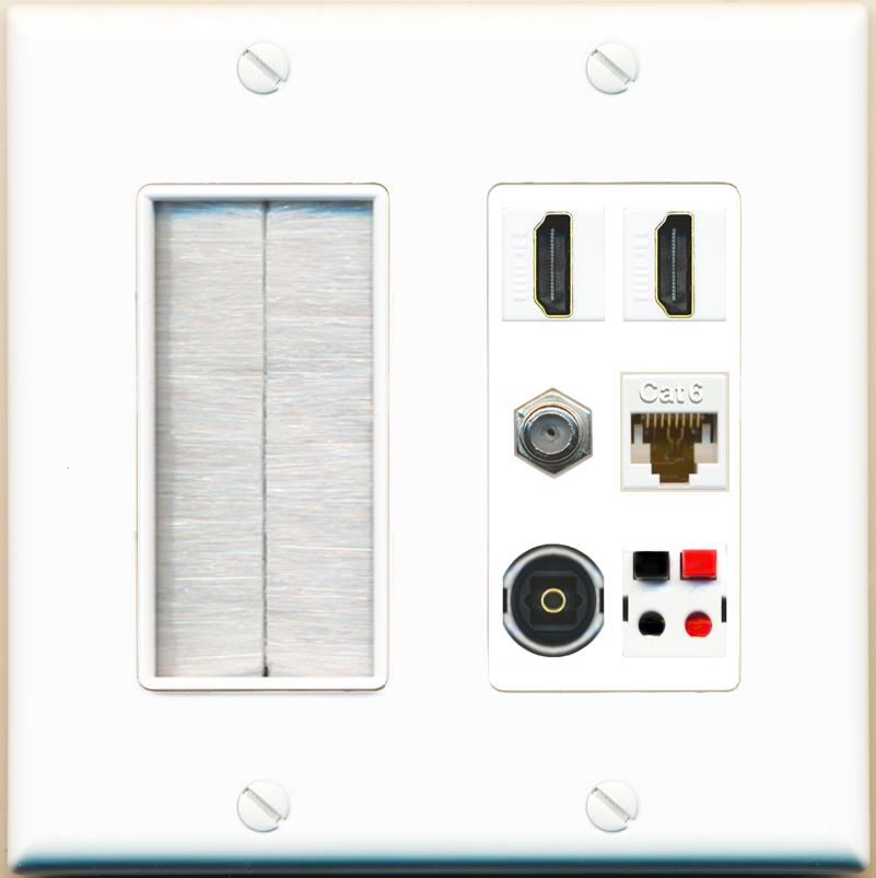 RiteAV 2 Port HDMI 1 Coax Cat6-Ethernet Toslink Speaker Wall Plate - Brush [White]