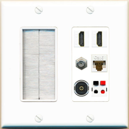 RiteAV 2 Port HDMI 1 Coax Cat6-Ethernet Toslink Speaker Wall Plate - Brush [White]