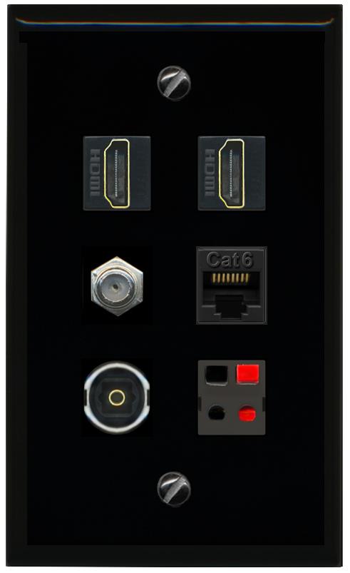 RiteAV 2 Port HDMI 1 Coax Cat6-Ethernet Toslink Speaker Wall Plate - Flat [Black/Black]