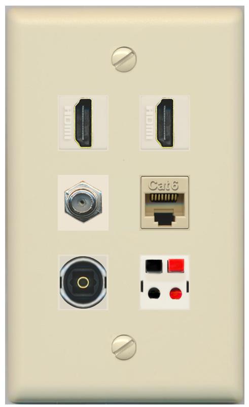 RiteAV 2 Port HDMI 1 Coax Cat6-Ethernet Toslink Speaker Wall Plate - Flat [Ivory/Ivory]