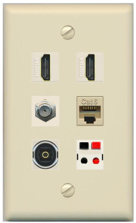 RiteAV 2 Port HDMI 1 Coax Cat6-Ethernet Toslink Speaker Wall Plate - Flat [Ivory/Ivory]