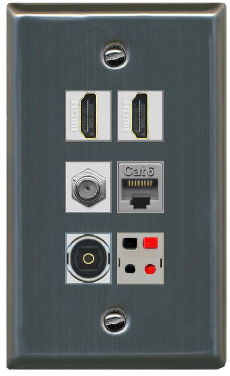 RiteAV 2 Port HDMI 1 Coax Cat6-Ethernet Toslink Speaker Wall Plate - Flat [Stainless Steel]