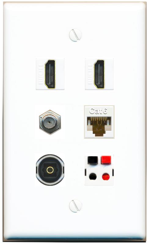 RiteAV 2 Port HDMI 1 Coax Cat6-Ethernet Toslink Speaker Wall Plate - Flat [White]