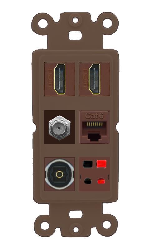 RiteAV 2 Port HDMI 1 Coax Cat6-Ethernet Toslink Speaker Wall Plate - Rocker [Brown/Brown]