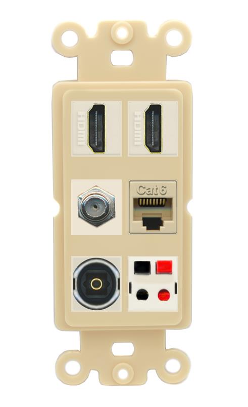 RiteAV 2 Port HDMI 1 Coax Cat6-Ethernet Toslink Speaker Wall Plate - Rocker [Ivory/Ivory]