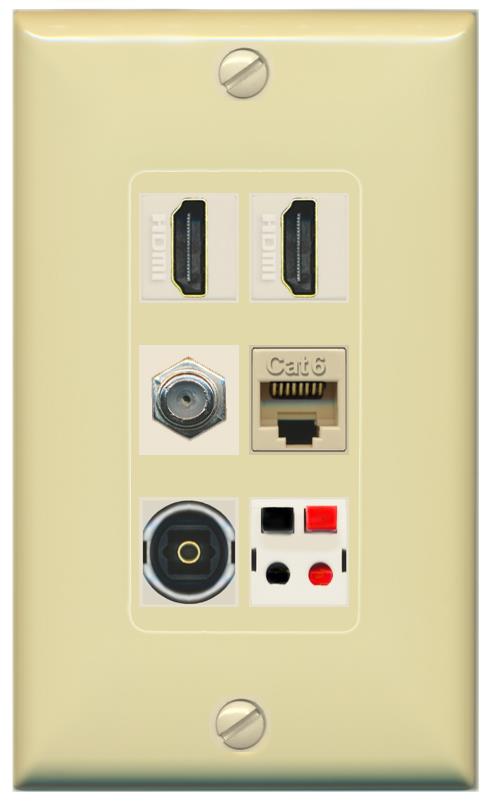 RiteAV 2 Port HDMI 1 Coax Cat6-Ethernet Toslink Speaker Wall Plate - 1 Gang [Ivory/Ivory]