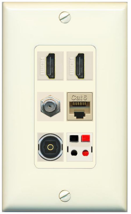 RiteAV 2 Port HDMI 1 Coax Cat6-Ethernet Toslink Speaker Wall Plate - 1 Gang [Light-Almond]